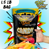 Yum Yum Candy Shop wax bottle candy in a 1.5lb bag – vibrant pop art background highlighting retro candy
